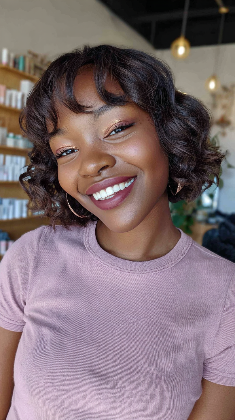 Chic Curly Bob with Playful Bangs