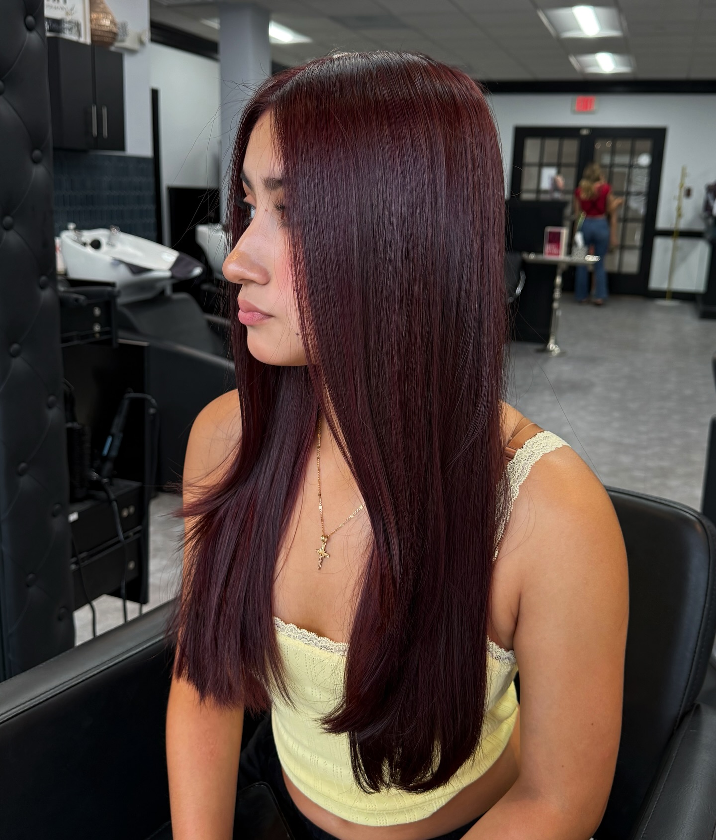 Elegant Deep Burgundy Straight Hair with Glossy Finish