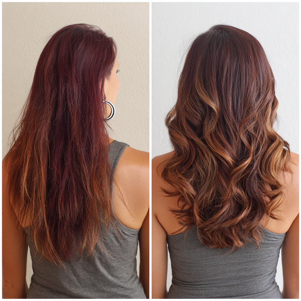 Radiant Mahogany Curls with Warm Honey Highlights