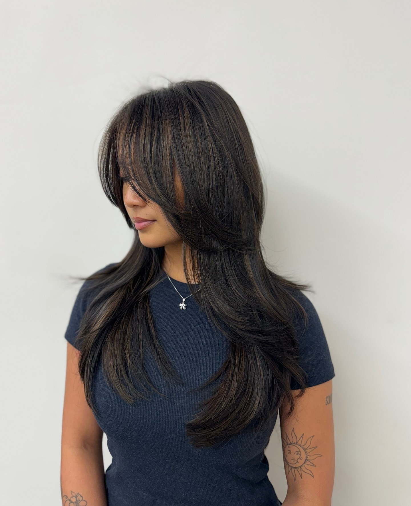 Chic Long Layered Brunette with Ash Highlights