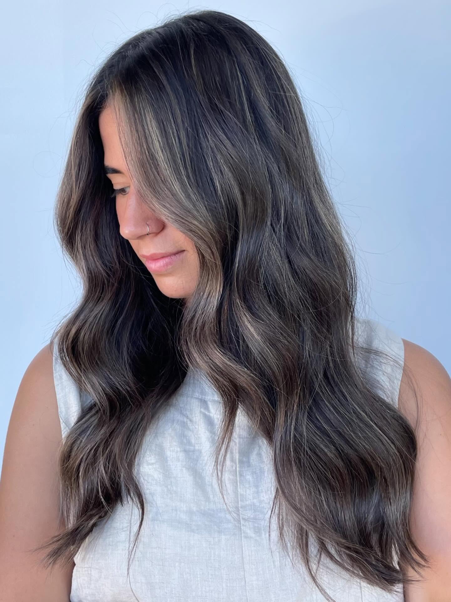 Textured Ash Brunette Waves with Subtle Highlights