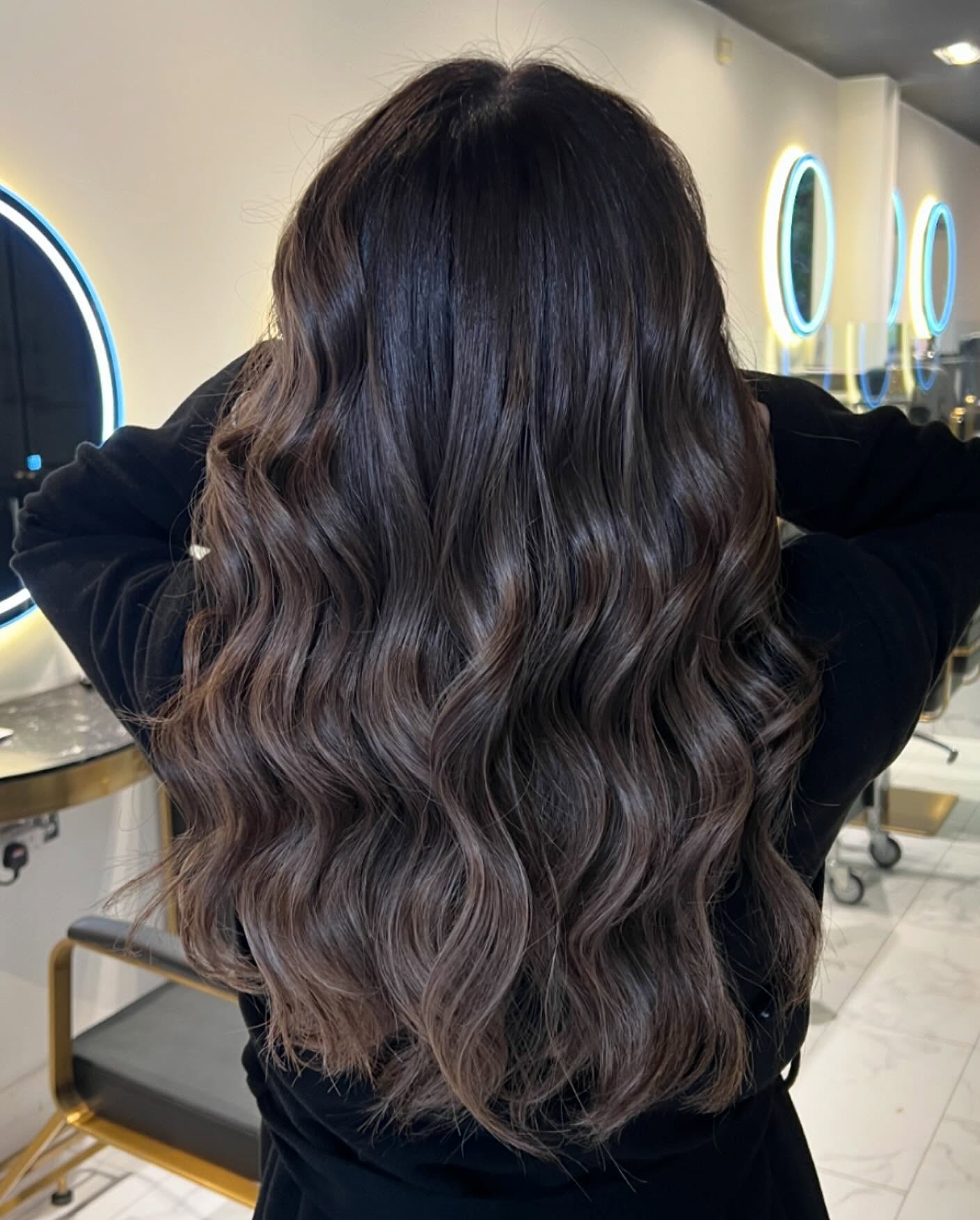 Warm Ash Brunette Waves with Subtle Highlights