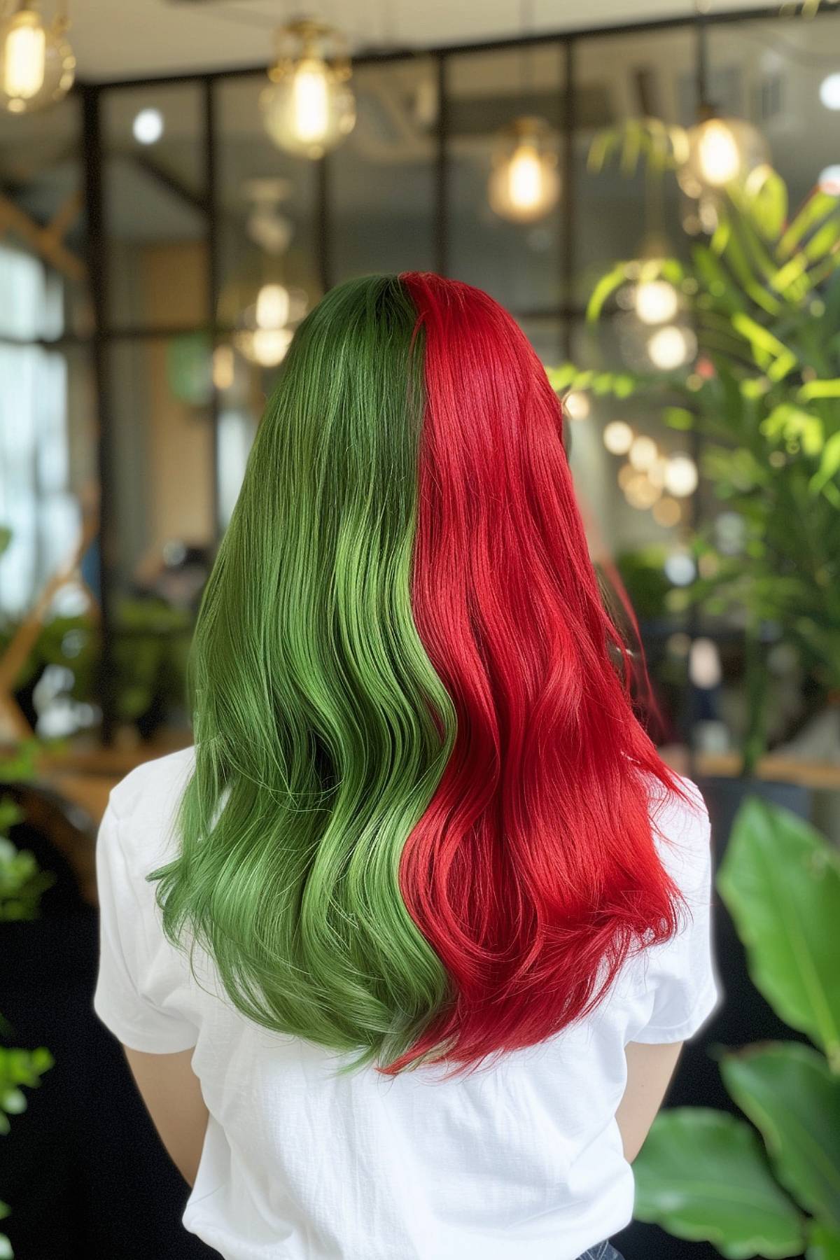 Long, wavy hair with a bold red and green apple-inspired color, reflecting a fiery and energetic Gemini spirit.