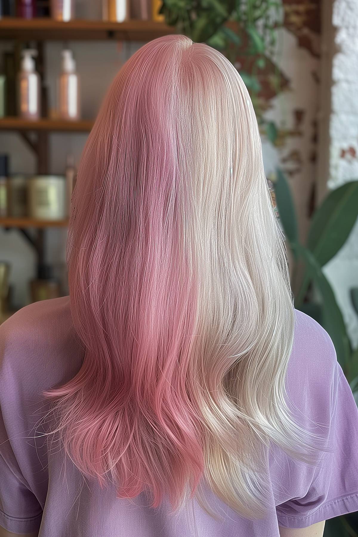 Mid-length hair with a soft split-dye in baby pink and blonde, perfect for a subtle Gemini-inspired look.