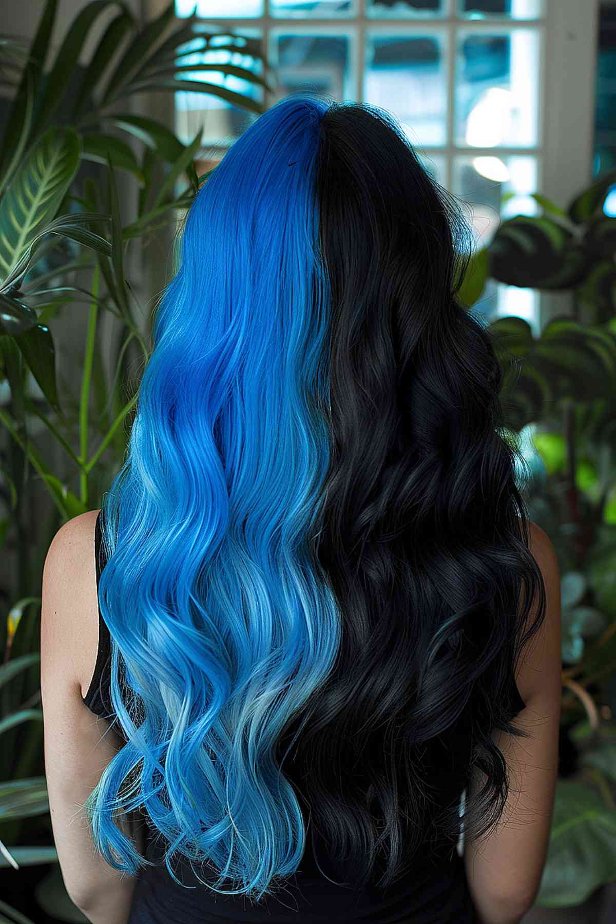 Long wavy hair blending from black to electric blue, reflecting a Gemini's adventurous and contrasting nature.