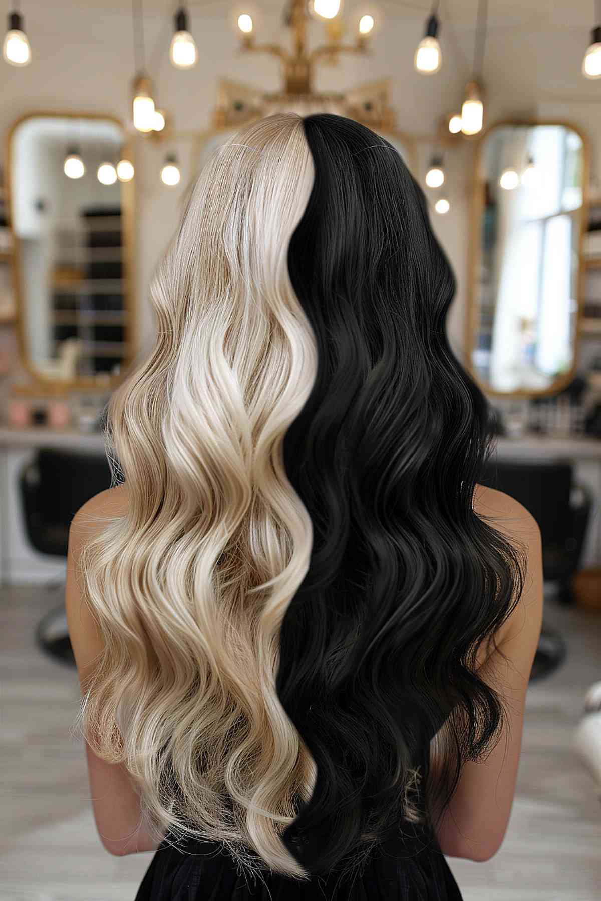 Waist-length black and blonde two-toned hair, ideal for creating contrast and complementing angular features.