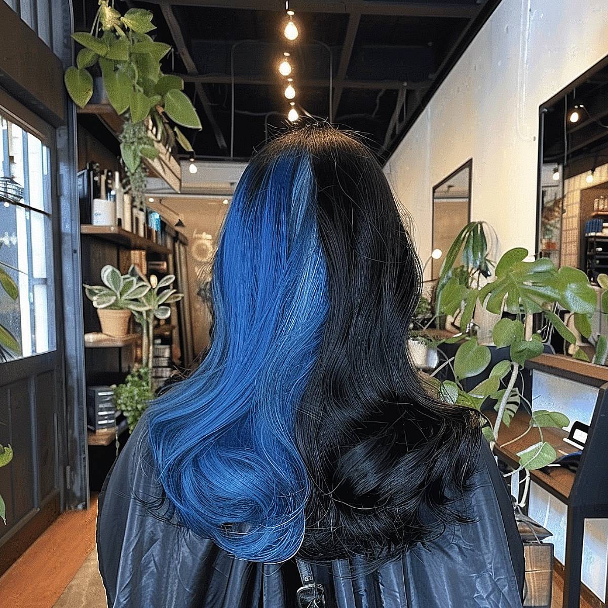 Long black hair transitioning into a deep blue, evoking the mysterious beauty of the night sky.