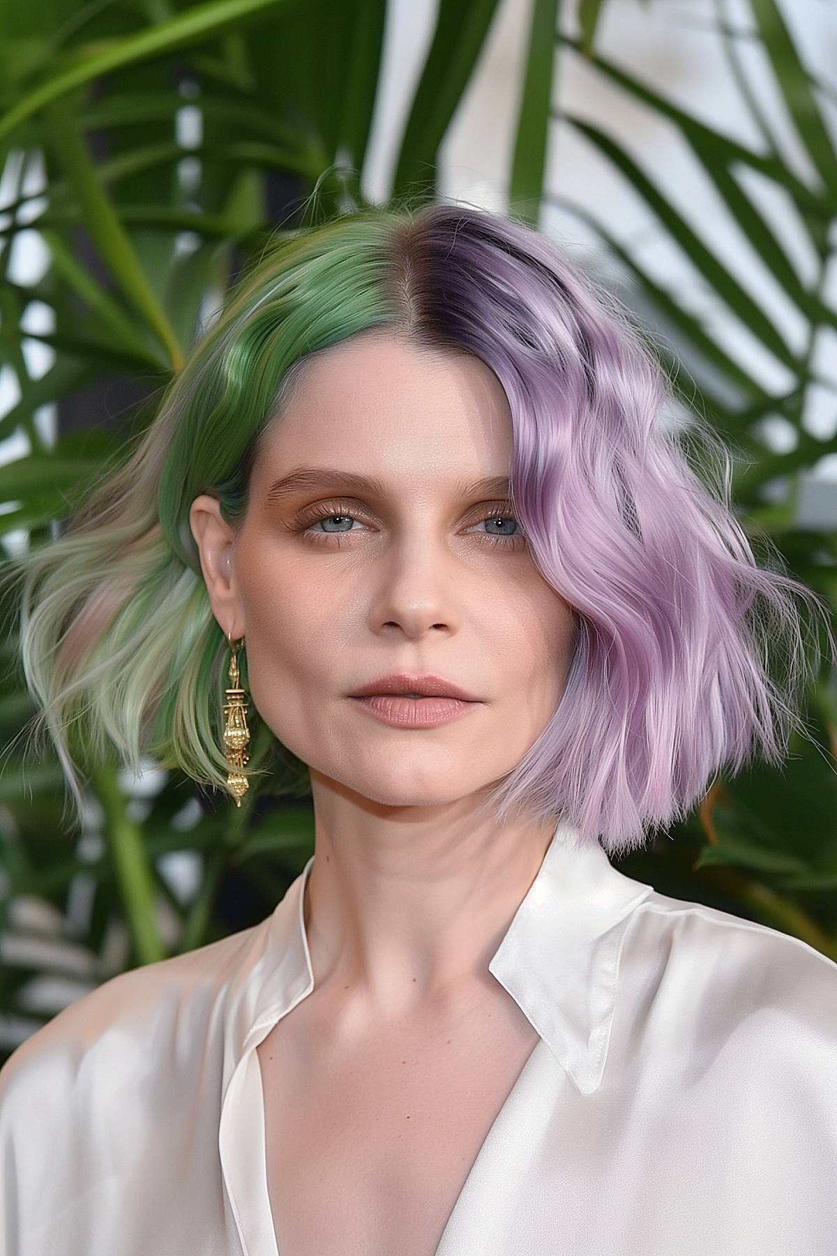 Short, wavy hairstyle combining soft green and lavender for a gentle Gemini-inspired appearance.