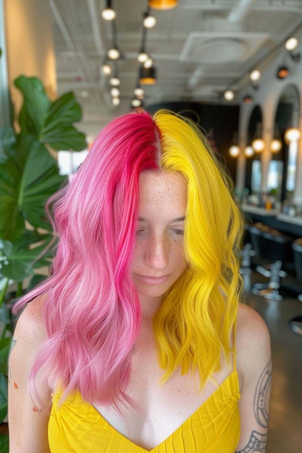 Medium-length wavy hair with a vibrant Gemini-inspired pink and yellow split-dye.