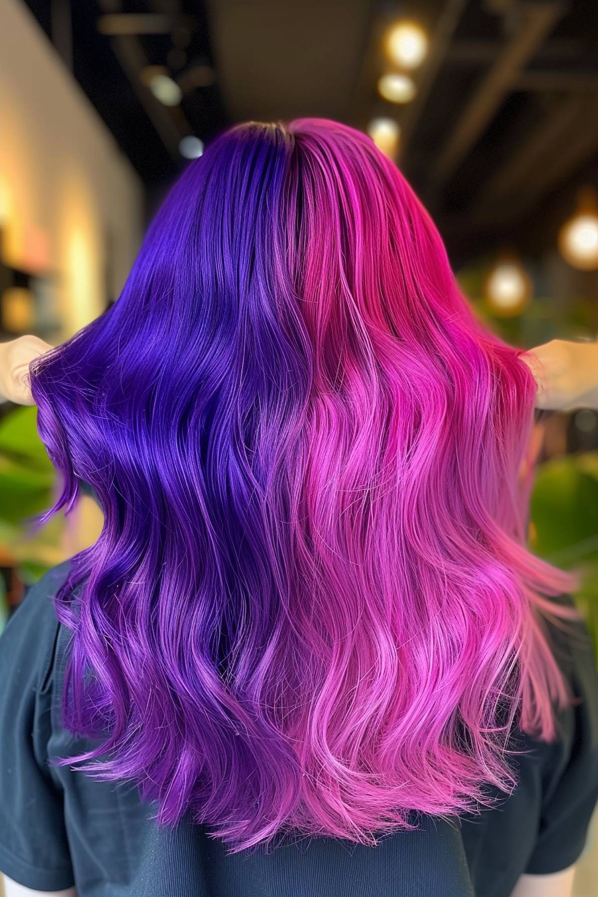 Curly hair with a stunning blend of bold pink transitioning into deep purple, reflecting Gemini creativity.
