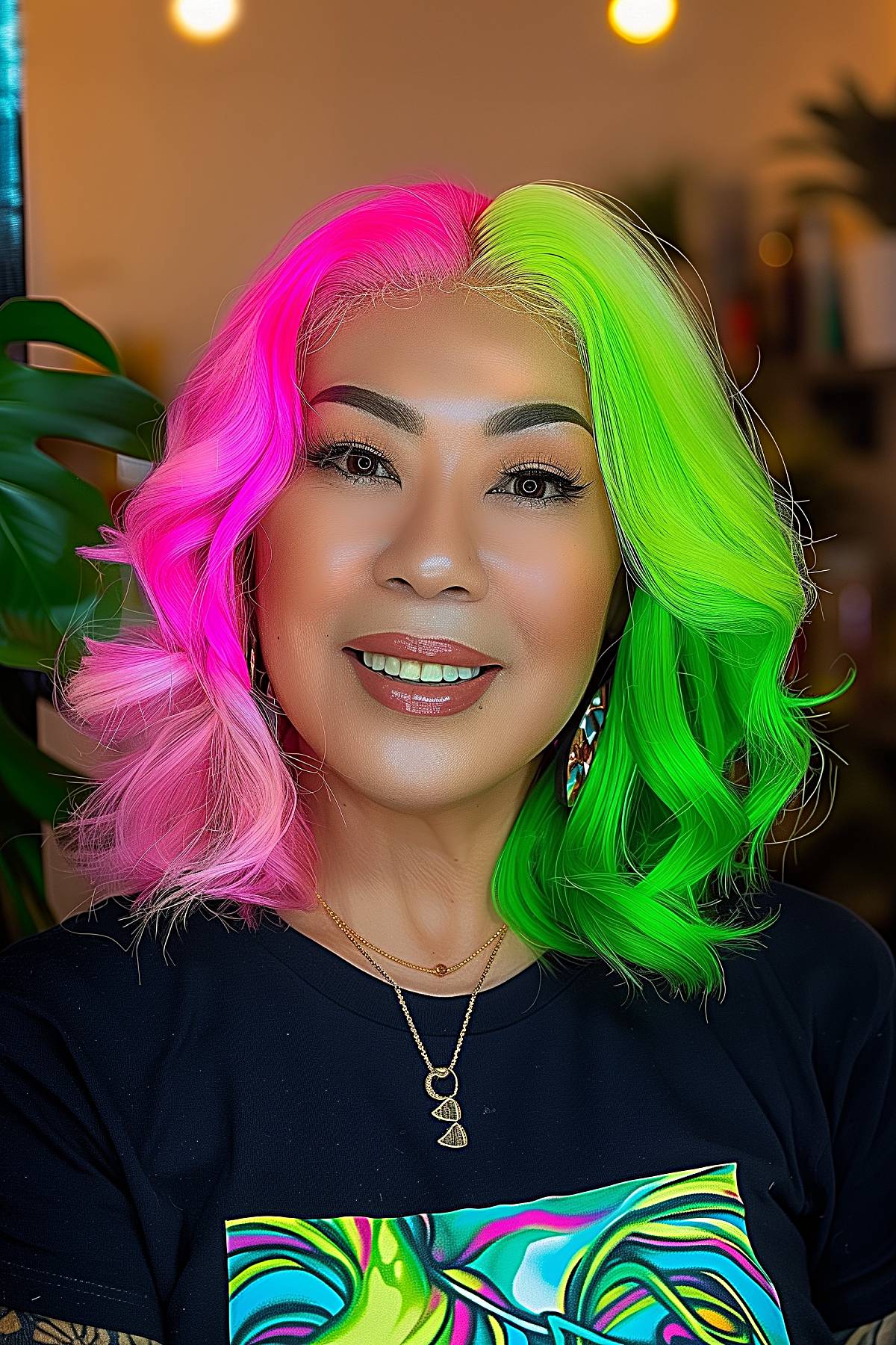 Short, curly hair with a bold contrast of hot pink and electric green, reflecting a lively Gemini spirit.