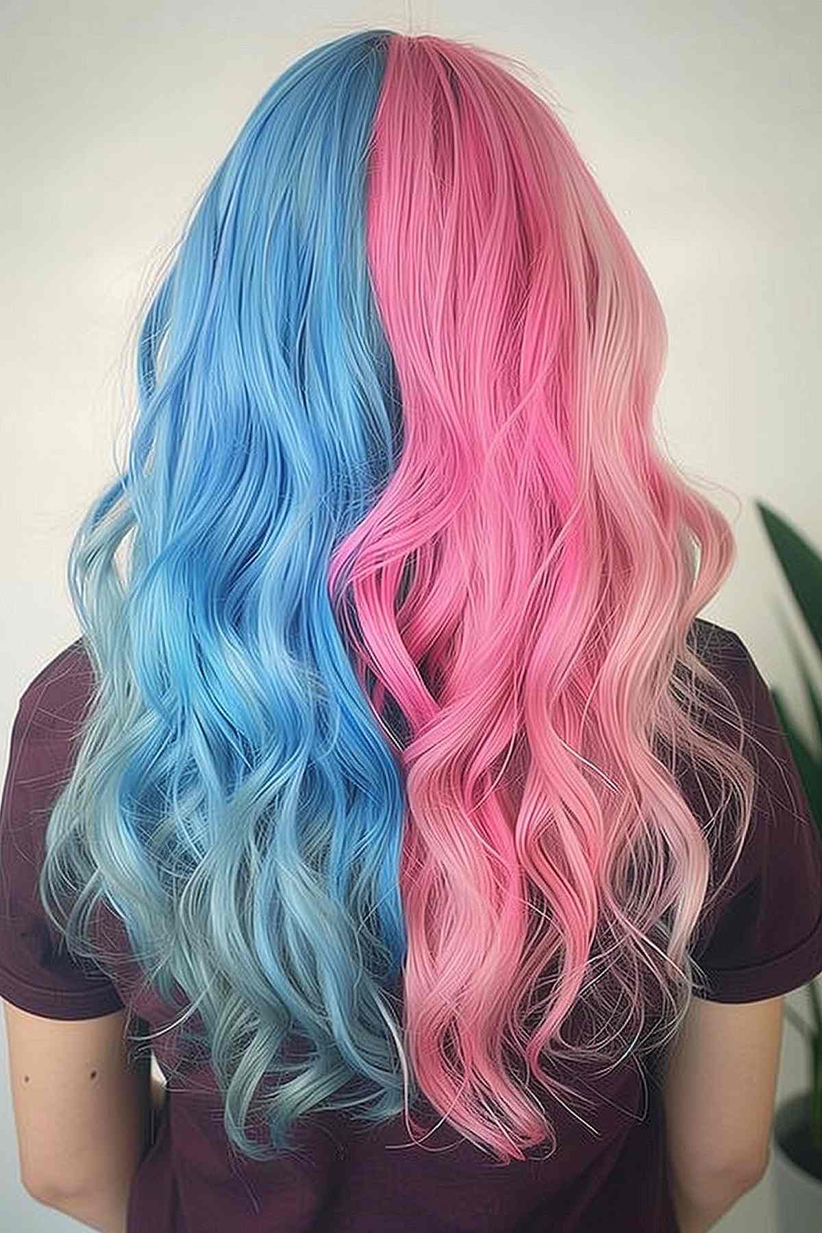Wavy mid-back hair in pastel blue and pink, embodying a whimsical and airy Gemini-inspired style.