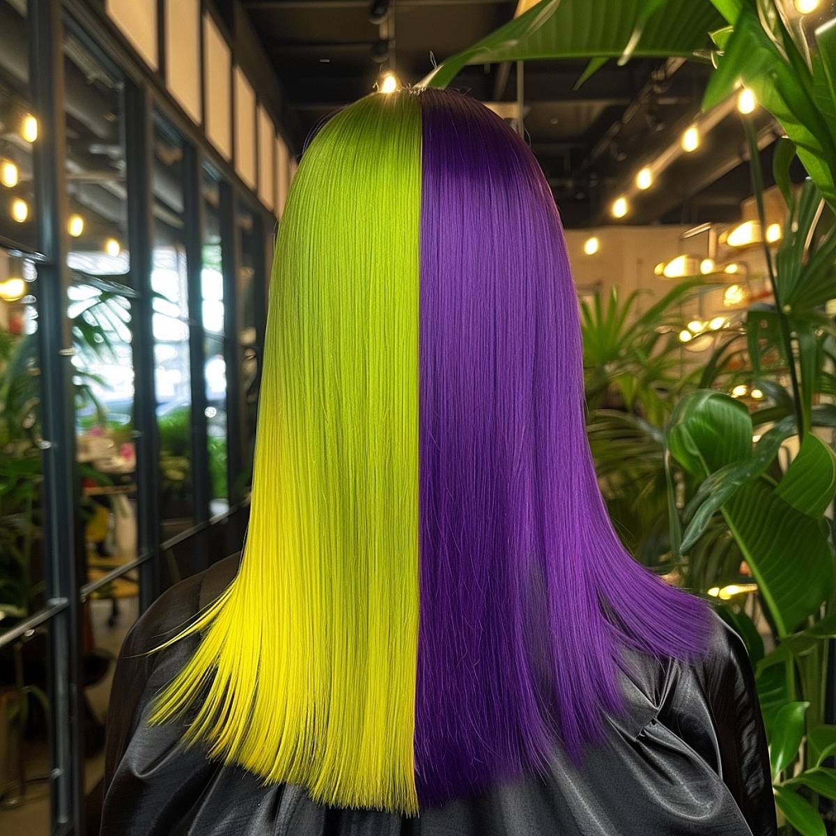 Sleek, straight hair with a Gemini-inspired transition from vibrant green to royal purple.