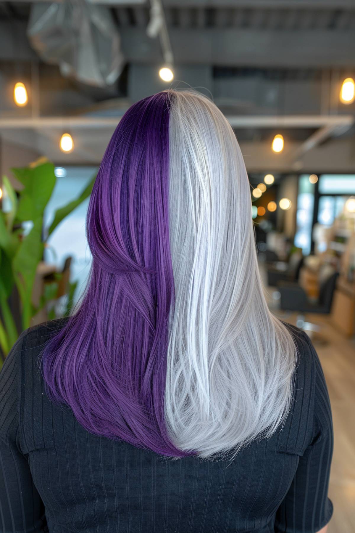 Long sleek hair with a blend of icy silver and deep violet, ideal for a modern Gemini-inspired style.