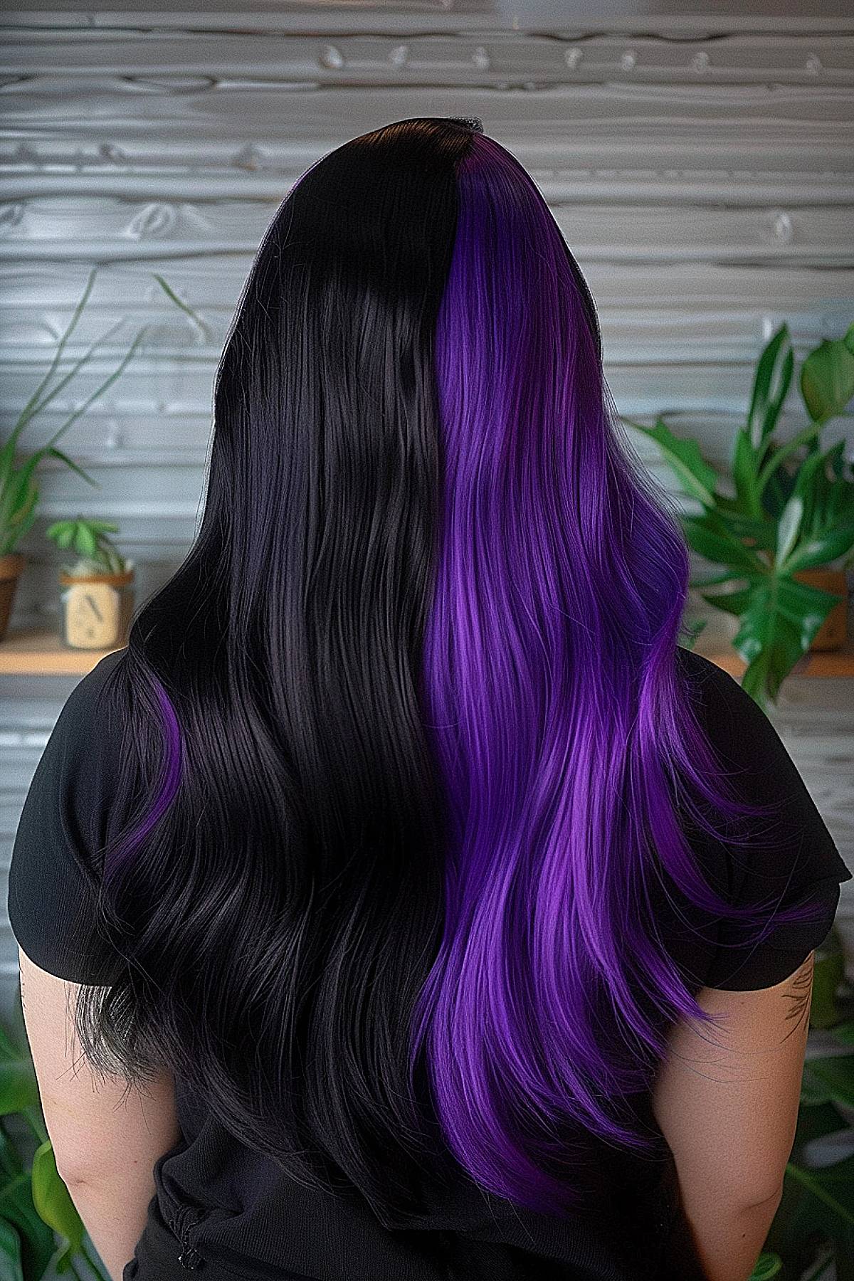 Long, wavy hair with a bold transition from sleek black to vibrant violet, perfect for a bold Gemini statement.