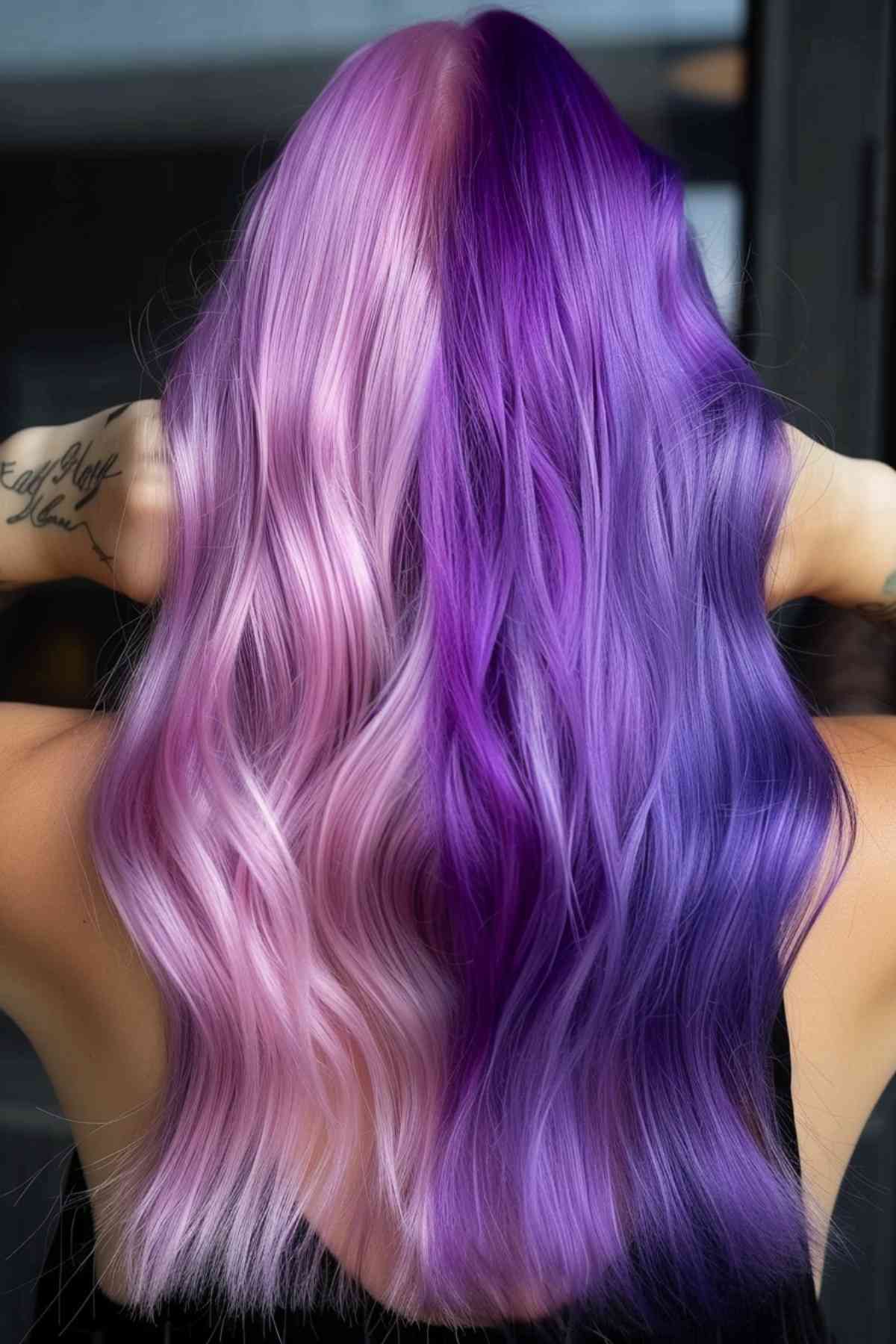 Wavy, mid-back length hair with a gradient of purple to lilac, embodying Gemini's dynamic essence.