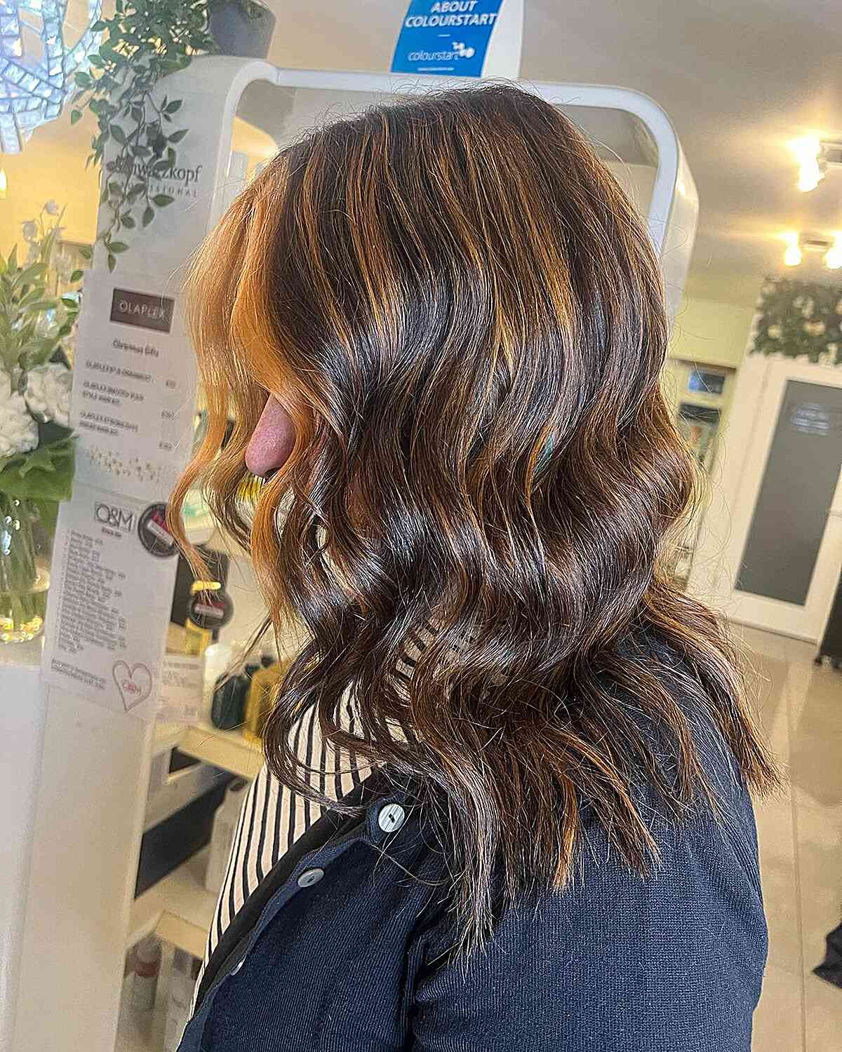 Ginger Copper Highlights on Mid-length Deep Brown Hair