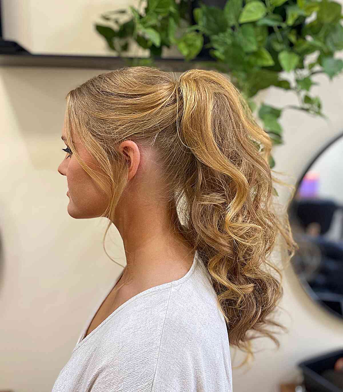 Golden Blonde Curly Updo Ponytail with Messy Waves