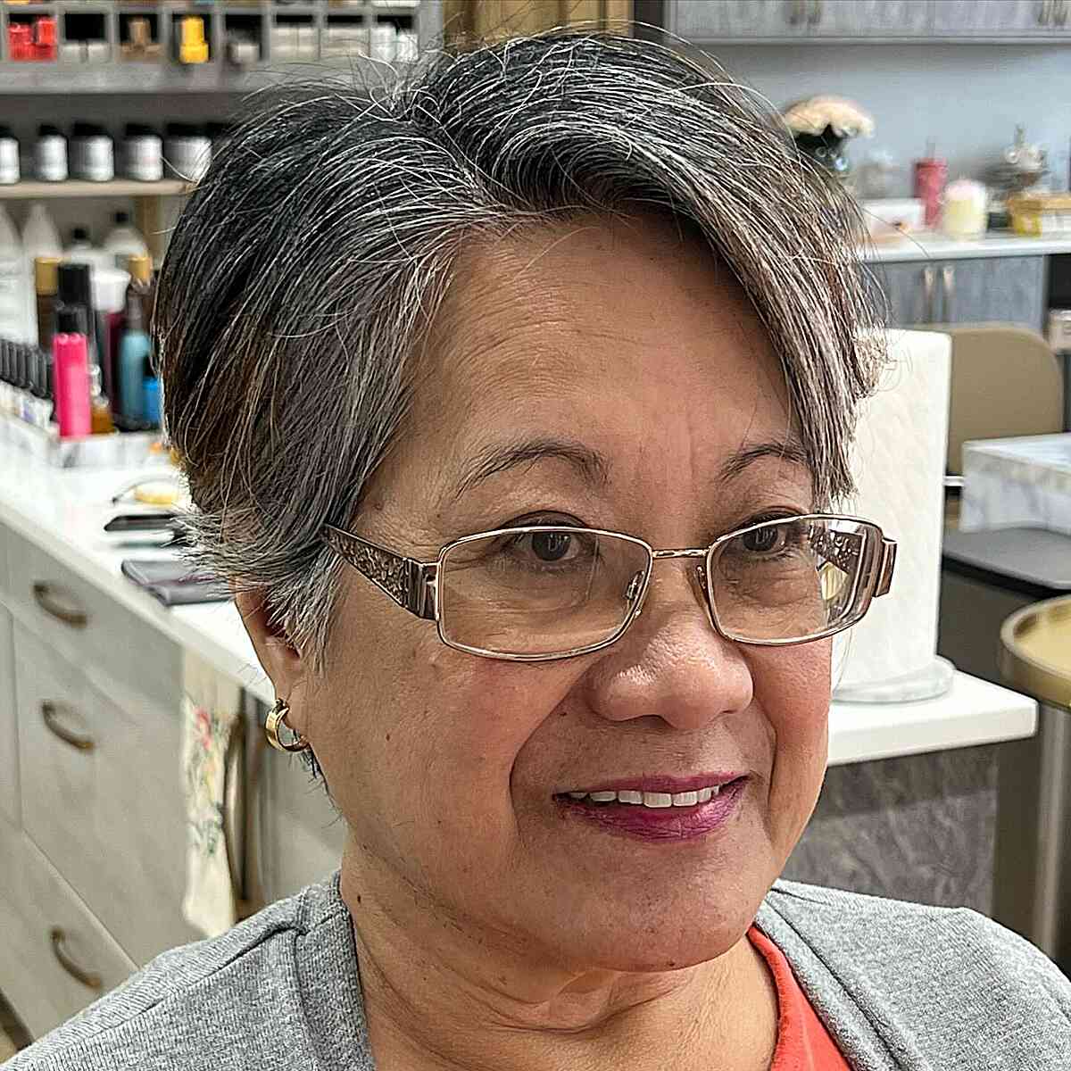Gray Long Pixie with Side Part on 50-Year-Old Women with Glasses