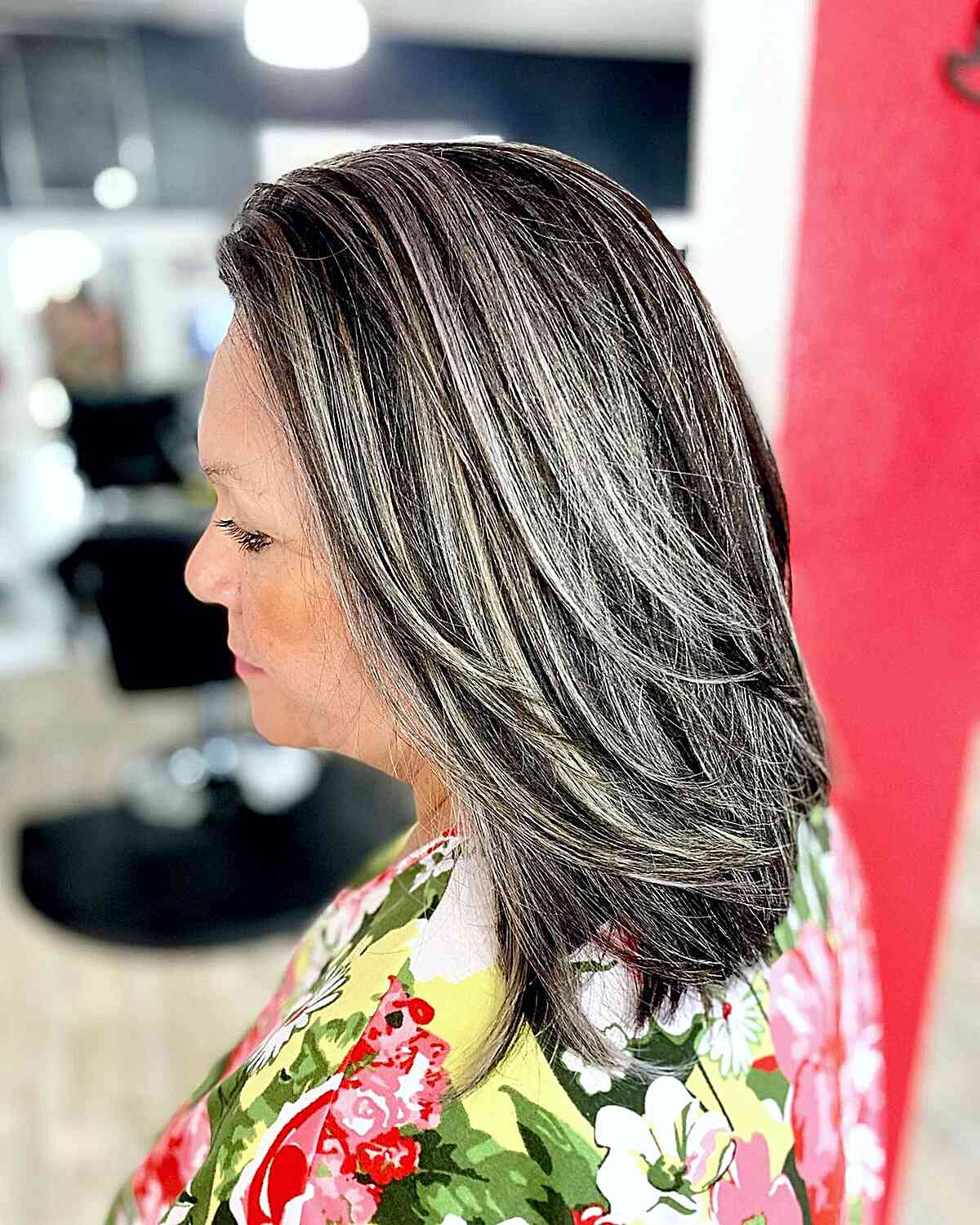 Grey and Silver Highlights on Older Women with Medium Black Hair