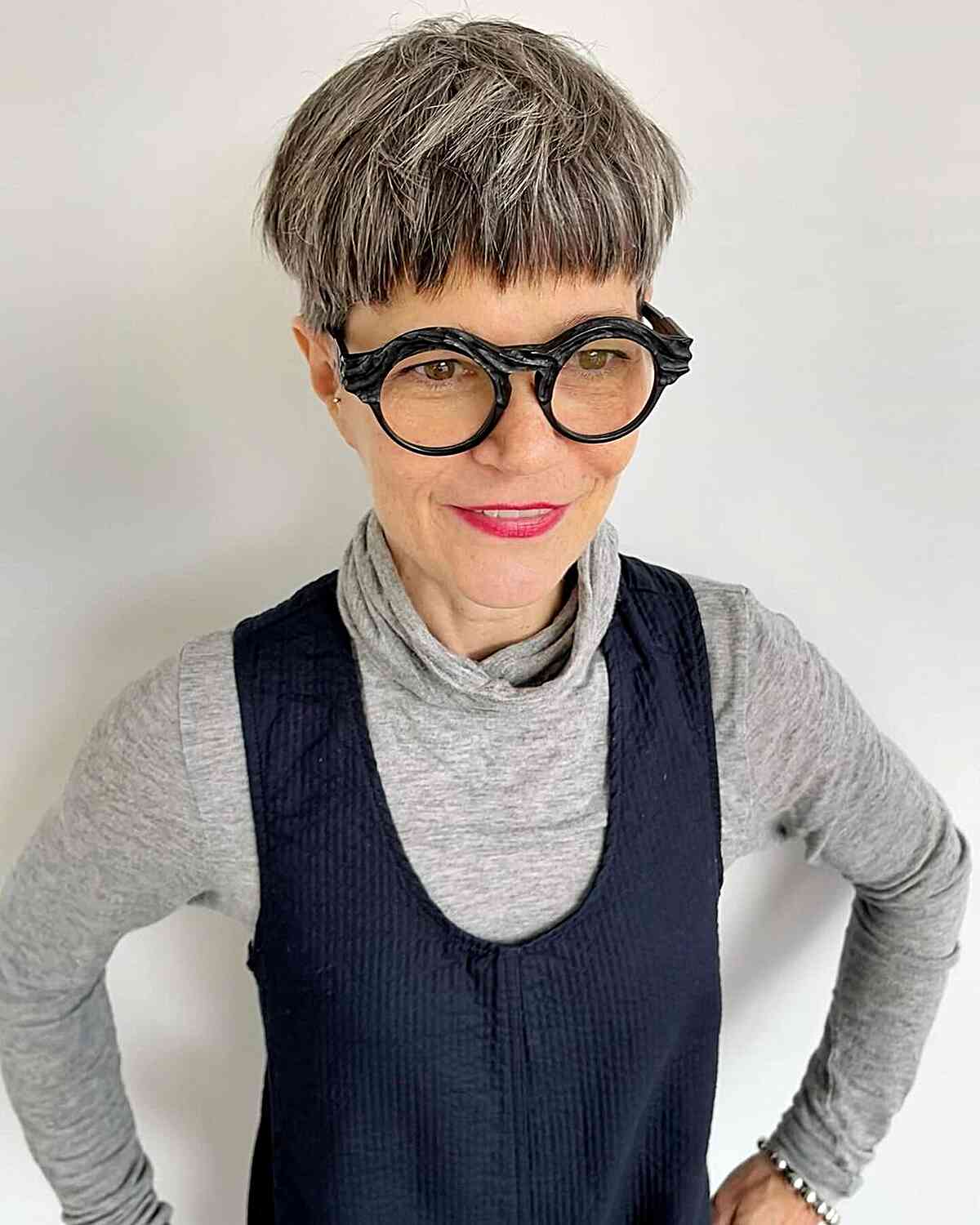 Short Grey Bowl Cut with Micro Bangs for women aged 60 with thicker locks