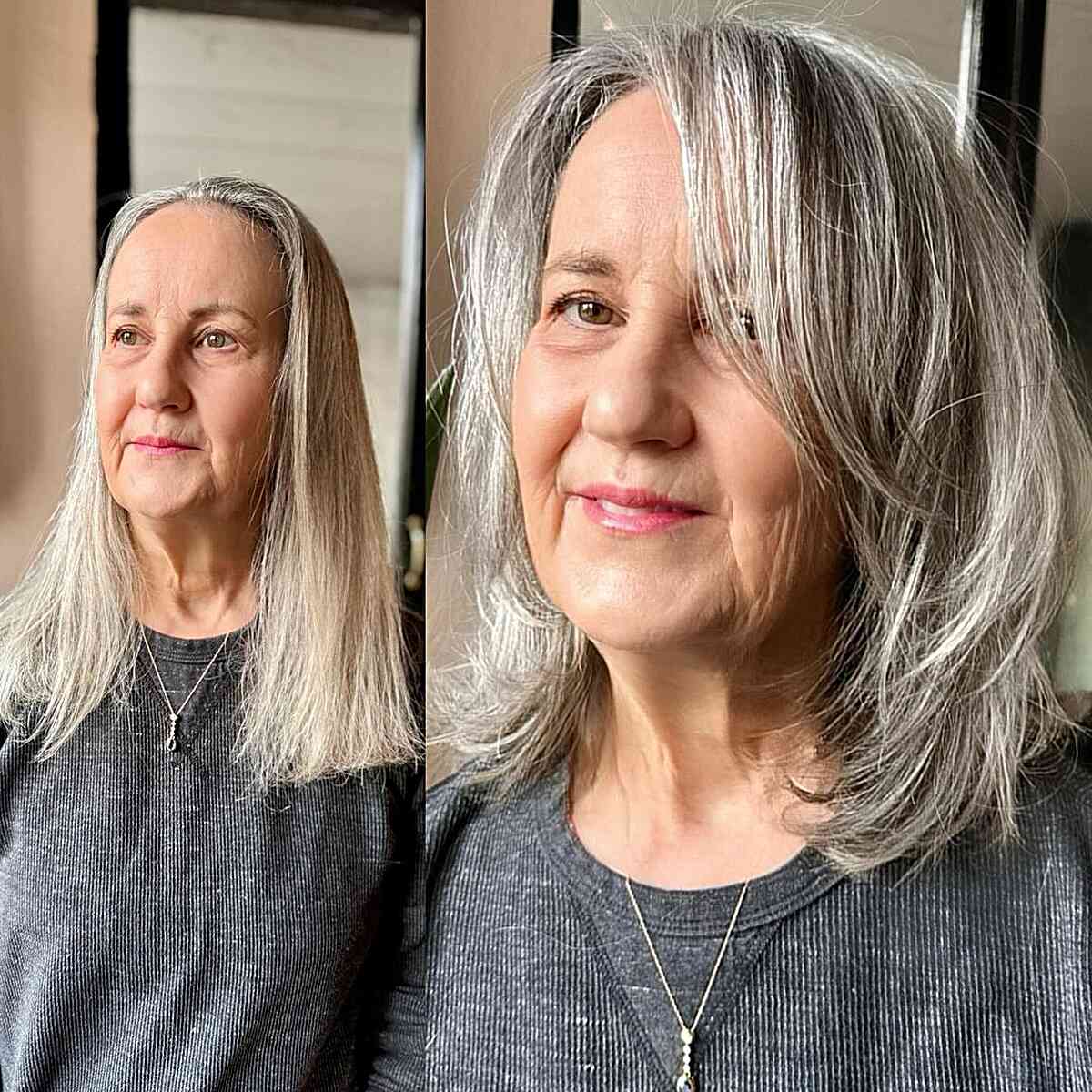 Grey Shoulder-Length Hair with Long Bangs for Women Over 50 and Up