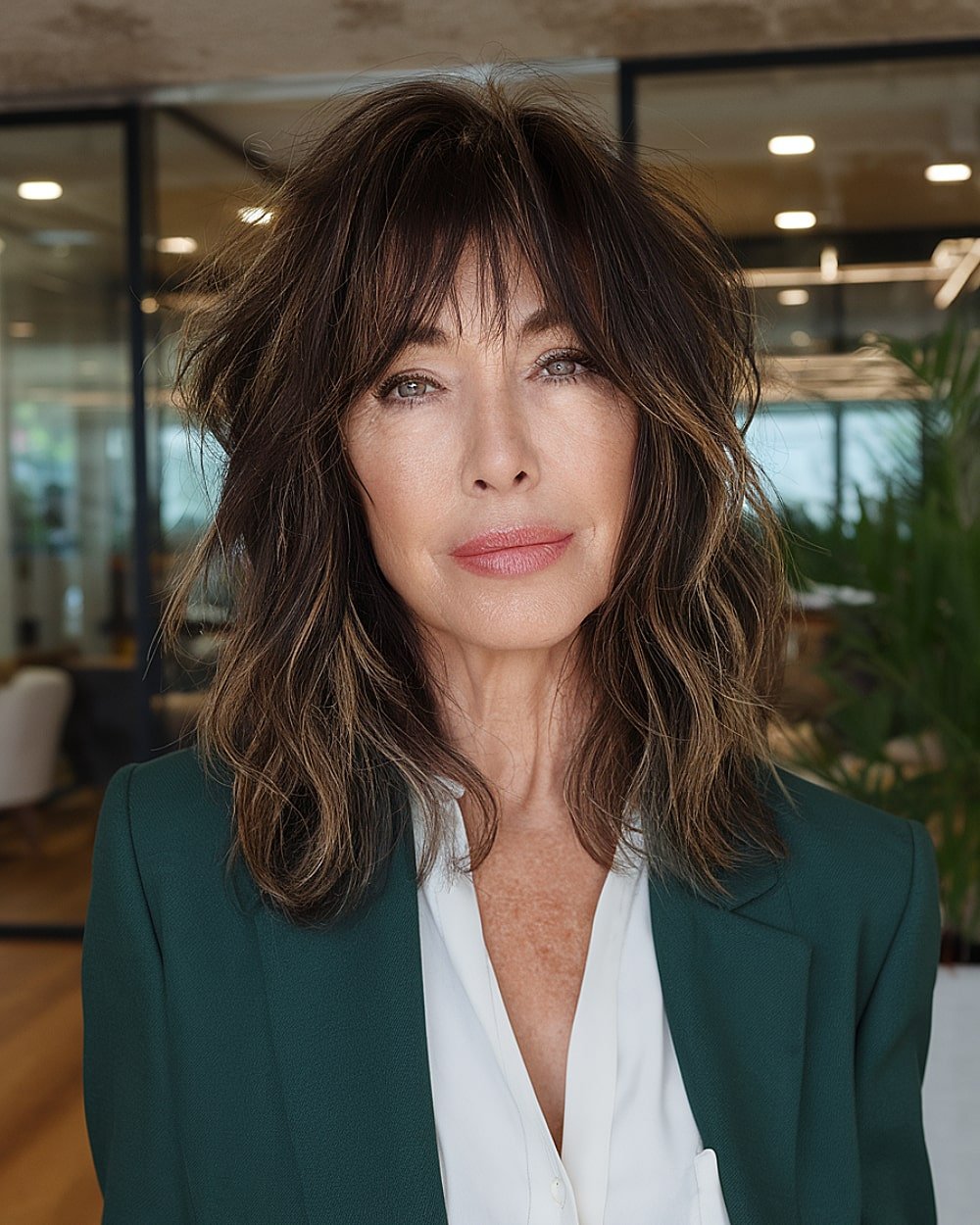 Medium-length shaggy haircut with layered texture and dark brunette base for dimension