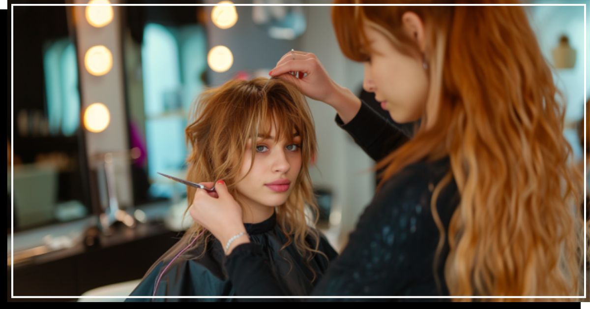 Hairstylist cutting the client's bangs