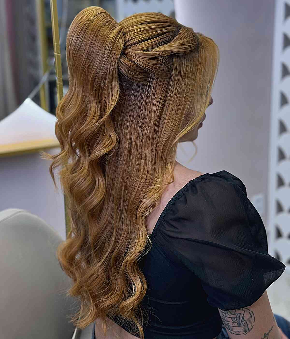 Half-Up Gala Hairstyle with Soft Wavy Ends