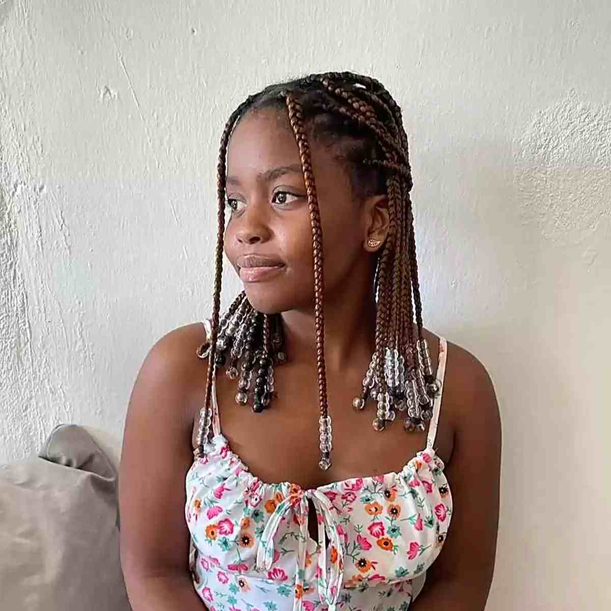 Half Up Half Down Mid-Length Knotless Braids with Clear Beads and Face Frame