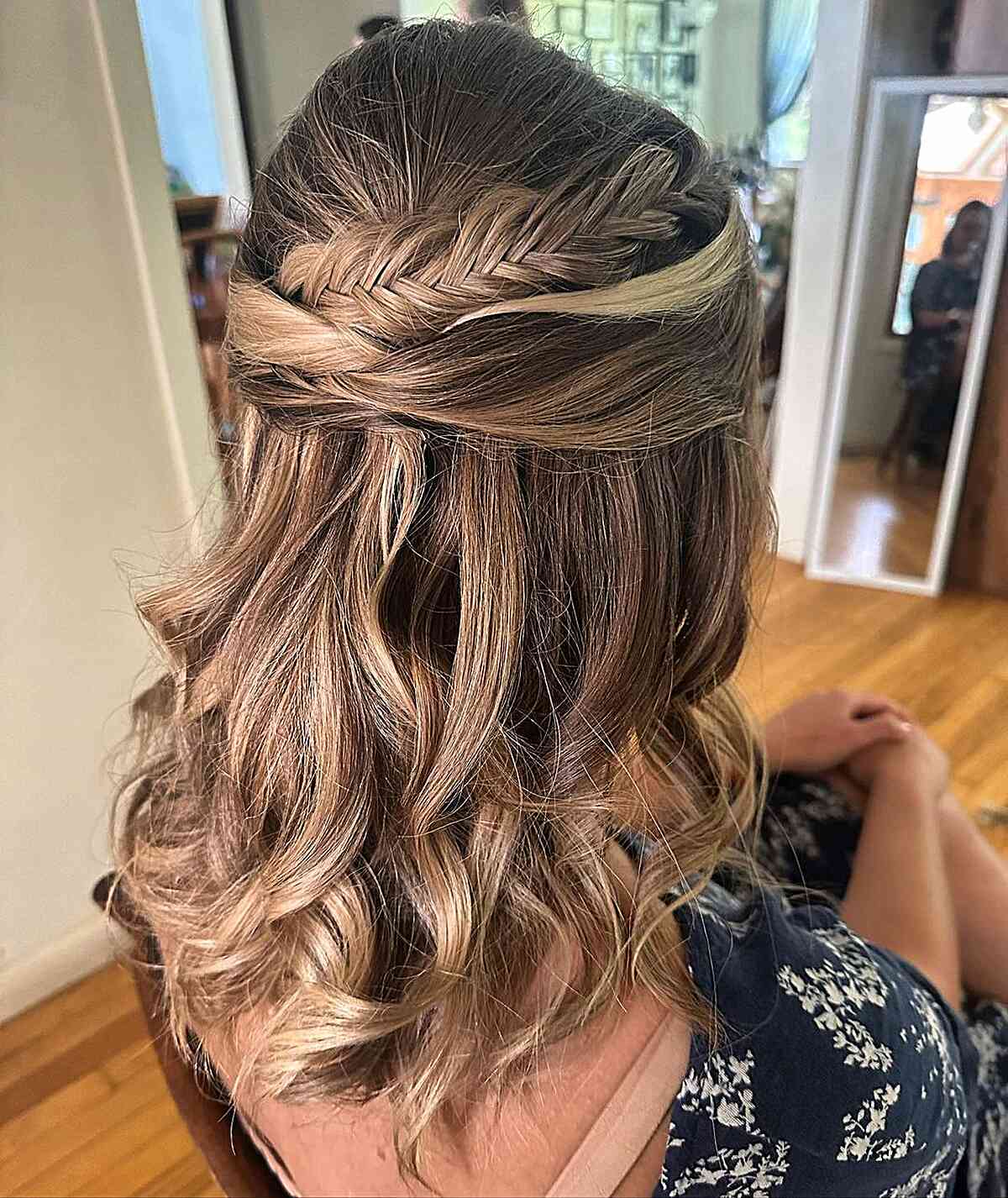 Half Updo with Loose Curls on Mid-Length Hair