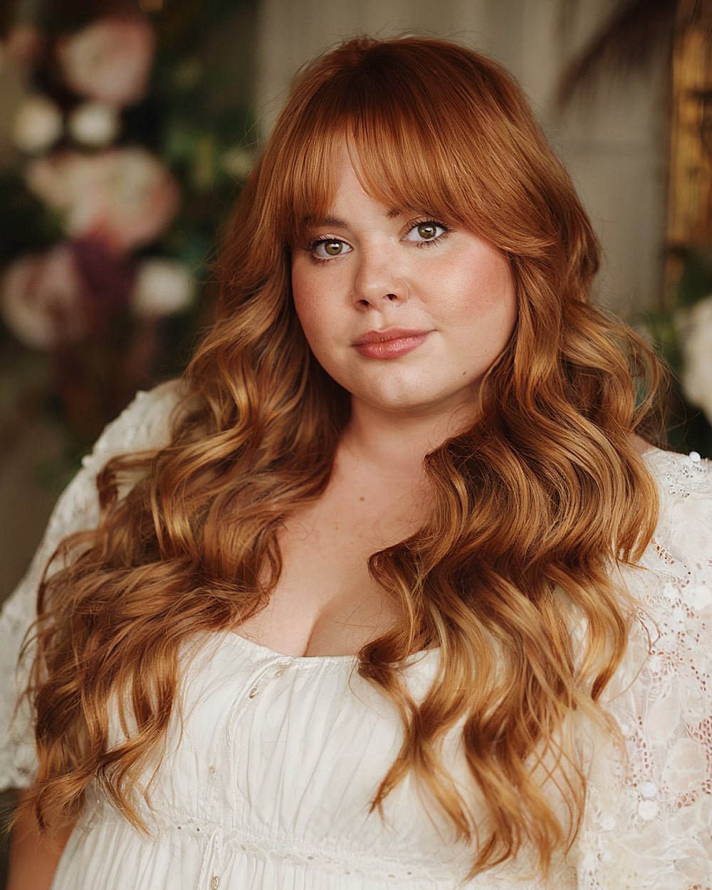 Halo curtain cut with voluminous long red waves and curved curtain bangs for round face shape