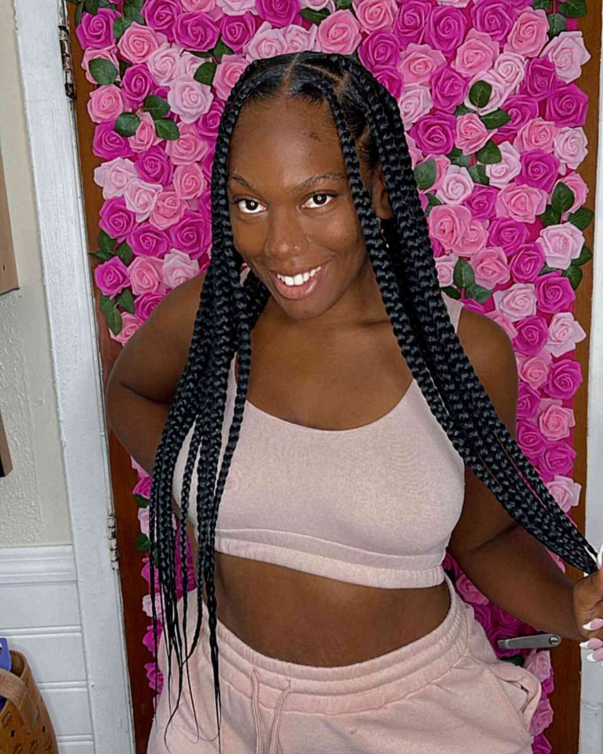 Hip-Length Large Knotless Box Braids for Women's Black Hair