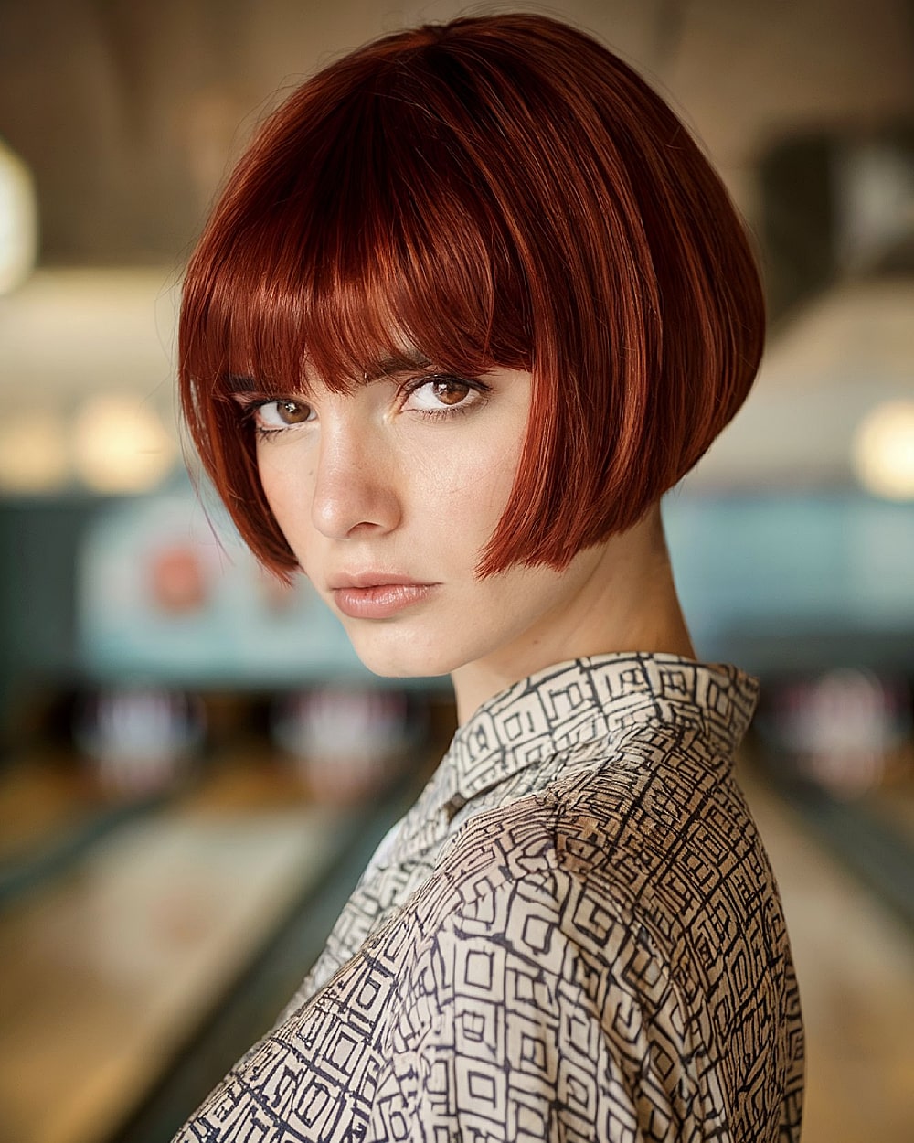 Pinch bob with rounded shape, blunt fringe, and copper red tone on thick straight hair