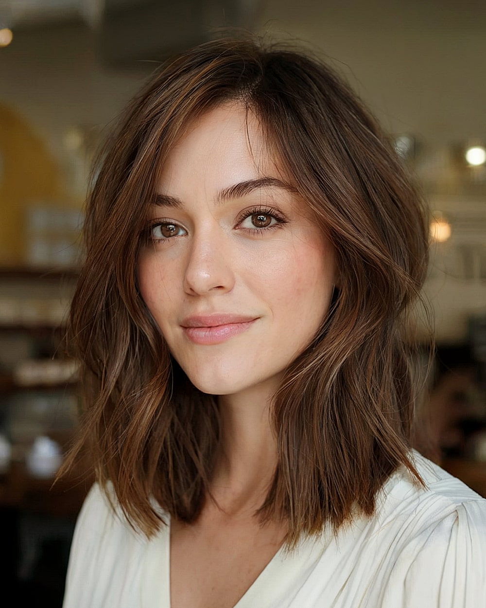 Textured collarbone-length bob with soft layering for wavy medium-density hair