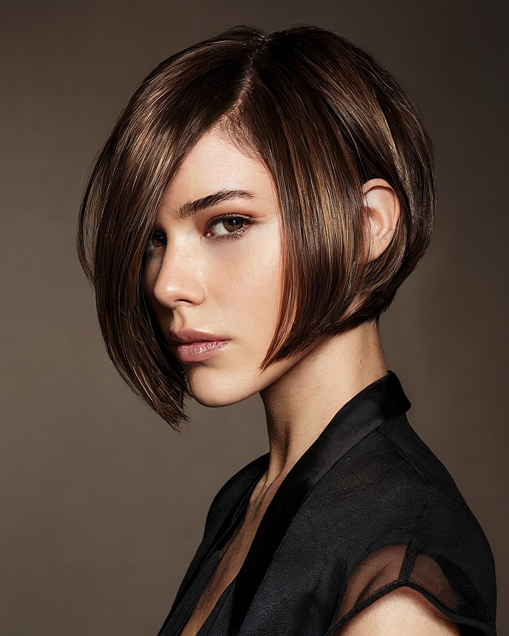 Pinch bob with sharp jaw-hugging angle and long side-swept front section for fine straight hair