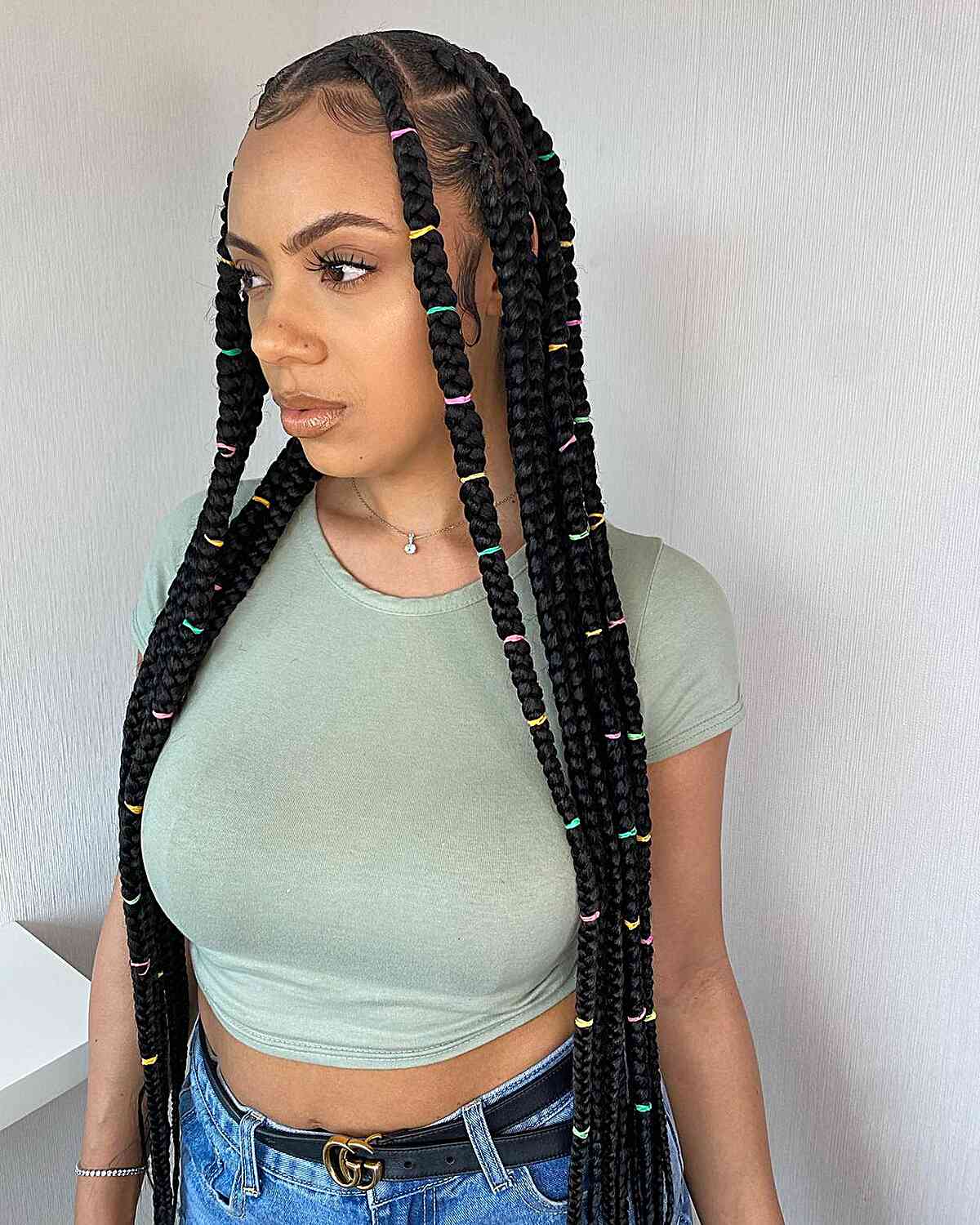 Long-Length Jumbo Boho Knotless Braids with Colorful Rubber Bands