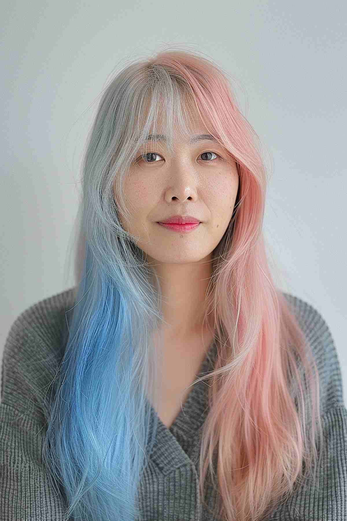 Mid-length wavy hair with pastel pink and blue shades, capturing the playful Gemini essence.