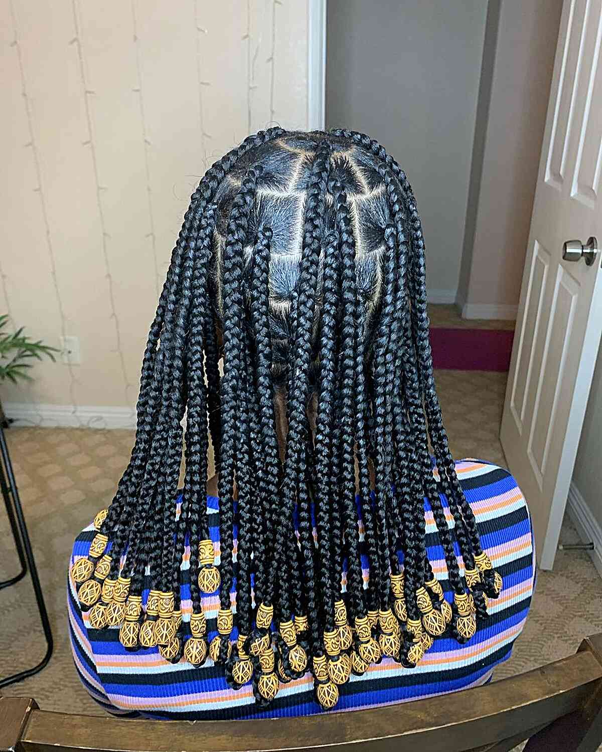 Medium-Length Knotless Box Braids with Wooden Beads