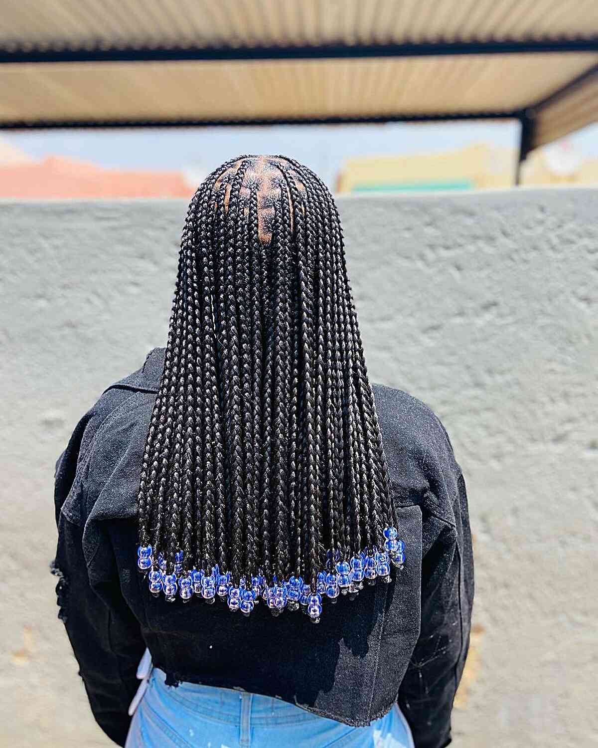 Mid Back Knotless Mini Box Braids with Blue Crystal Beads