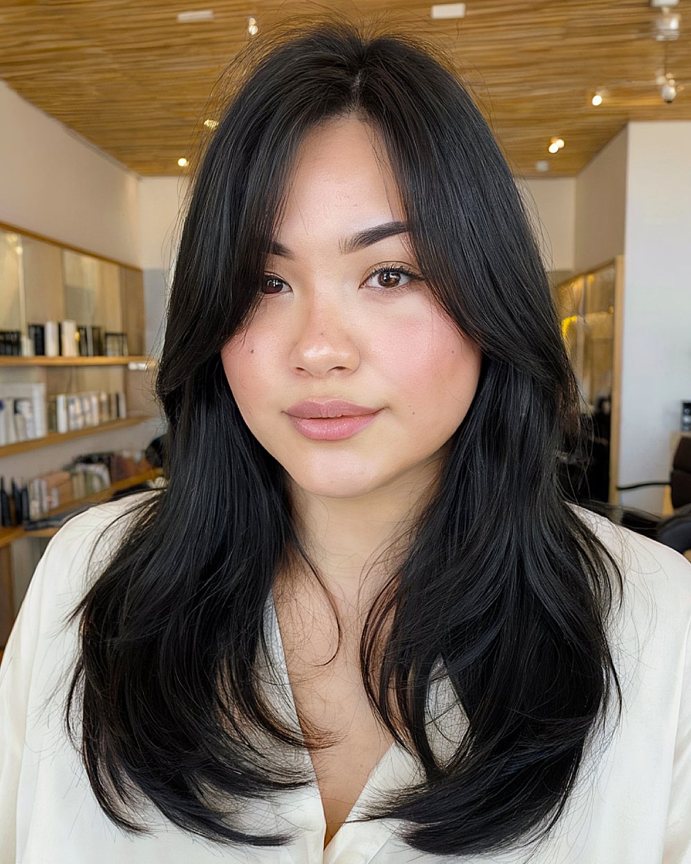 Korean-style sleek long layers with curtain bangs for round face slimming