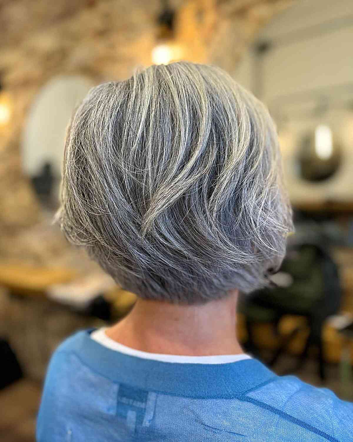 Layered Bixie on Natural Grey Hair for Ladies Over 70