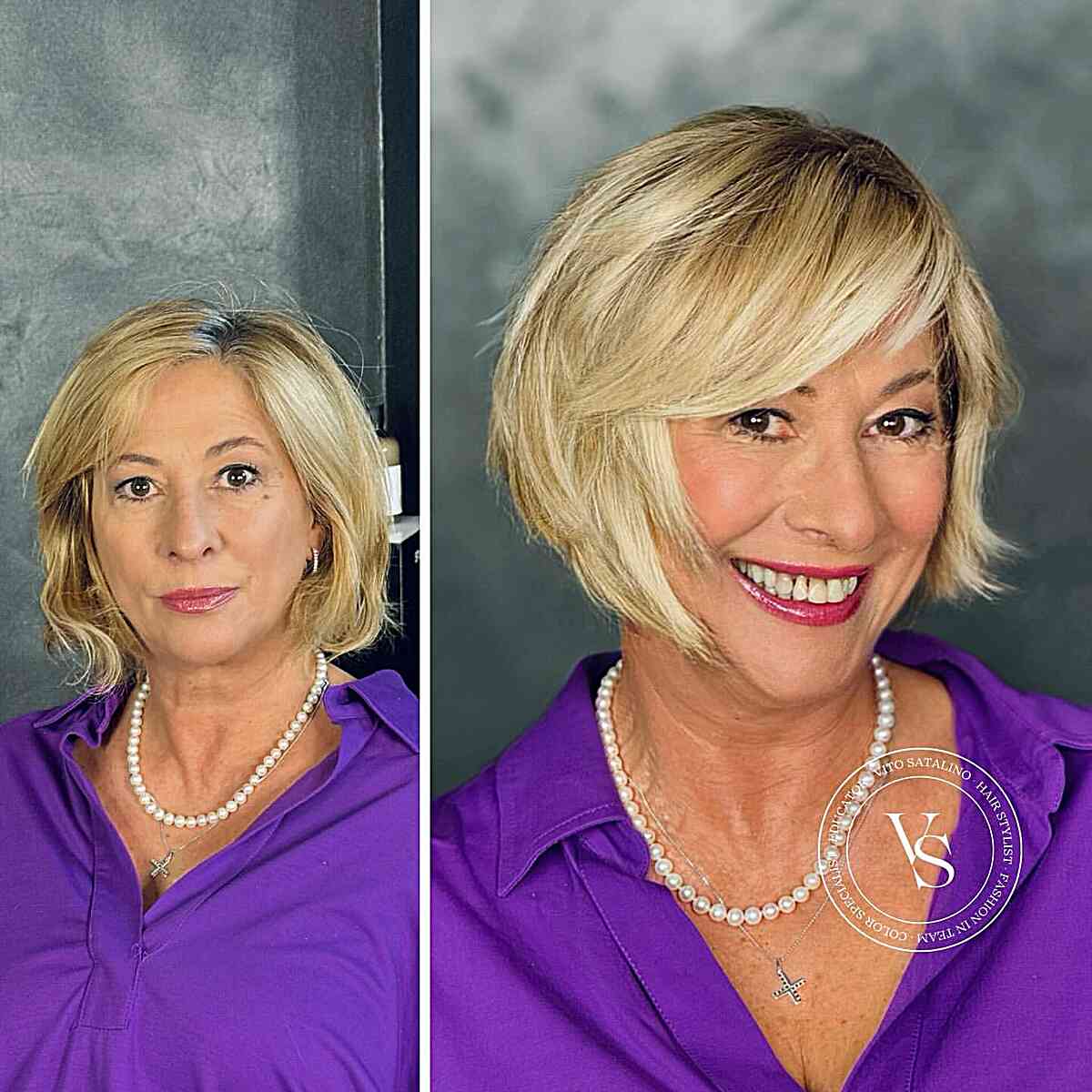 Layered Blonde Short Thick Hair with Swoopy Bangs for women over sixty