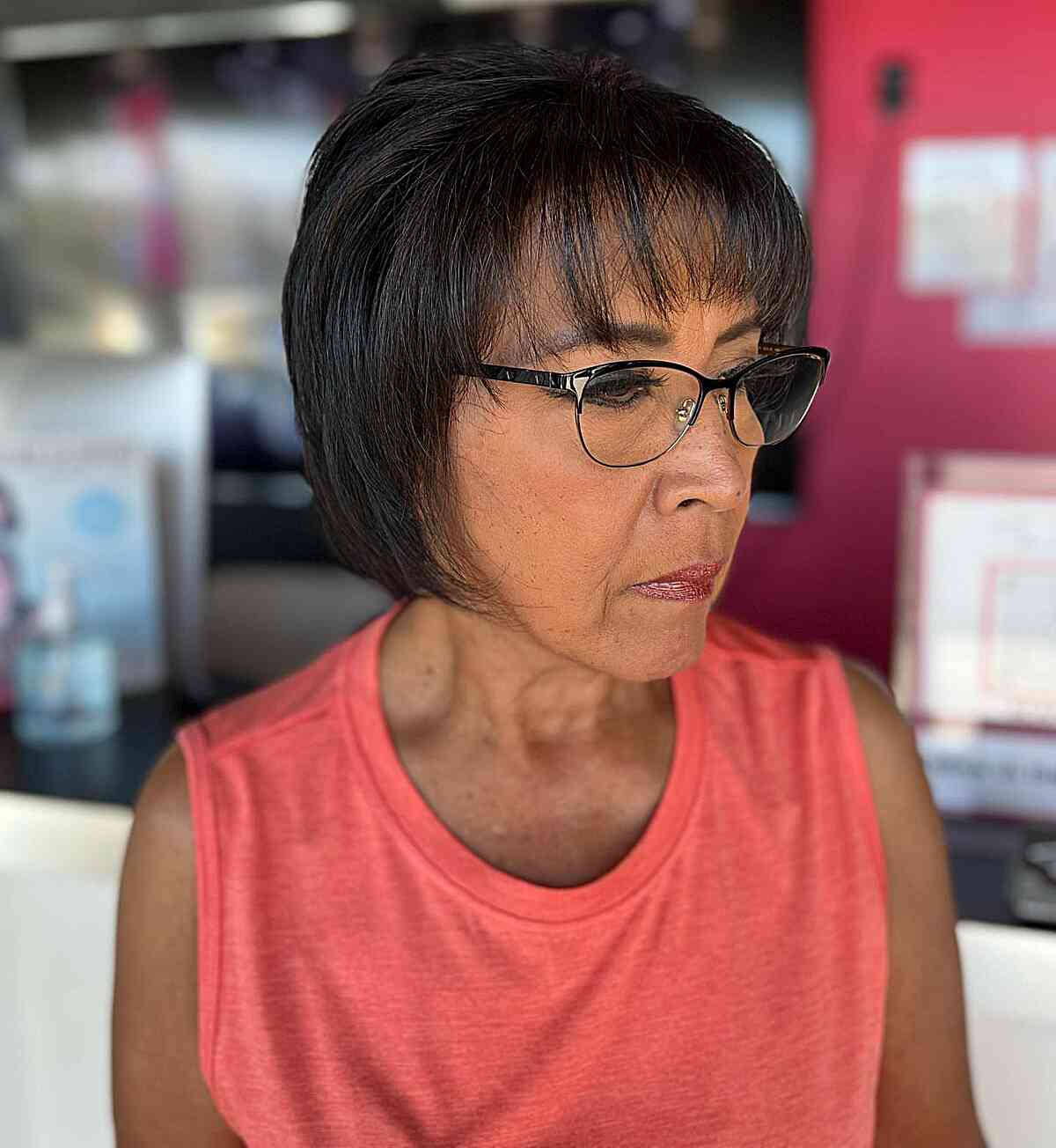 Layered Chin Bob with Wispy Bangs for Mature Women Over 50 with Glasses