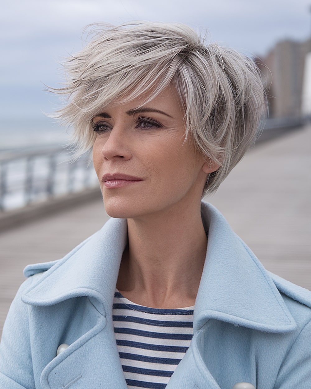 Volumized silver-blonde layered pixie bob with swoopy side fringe for women over 40