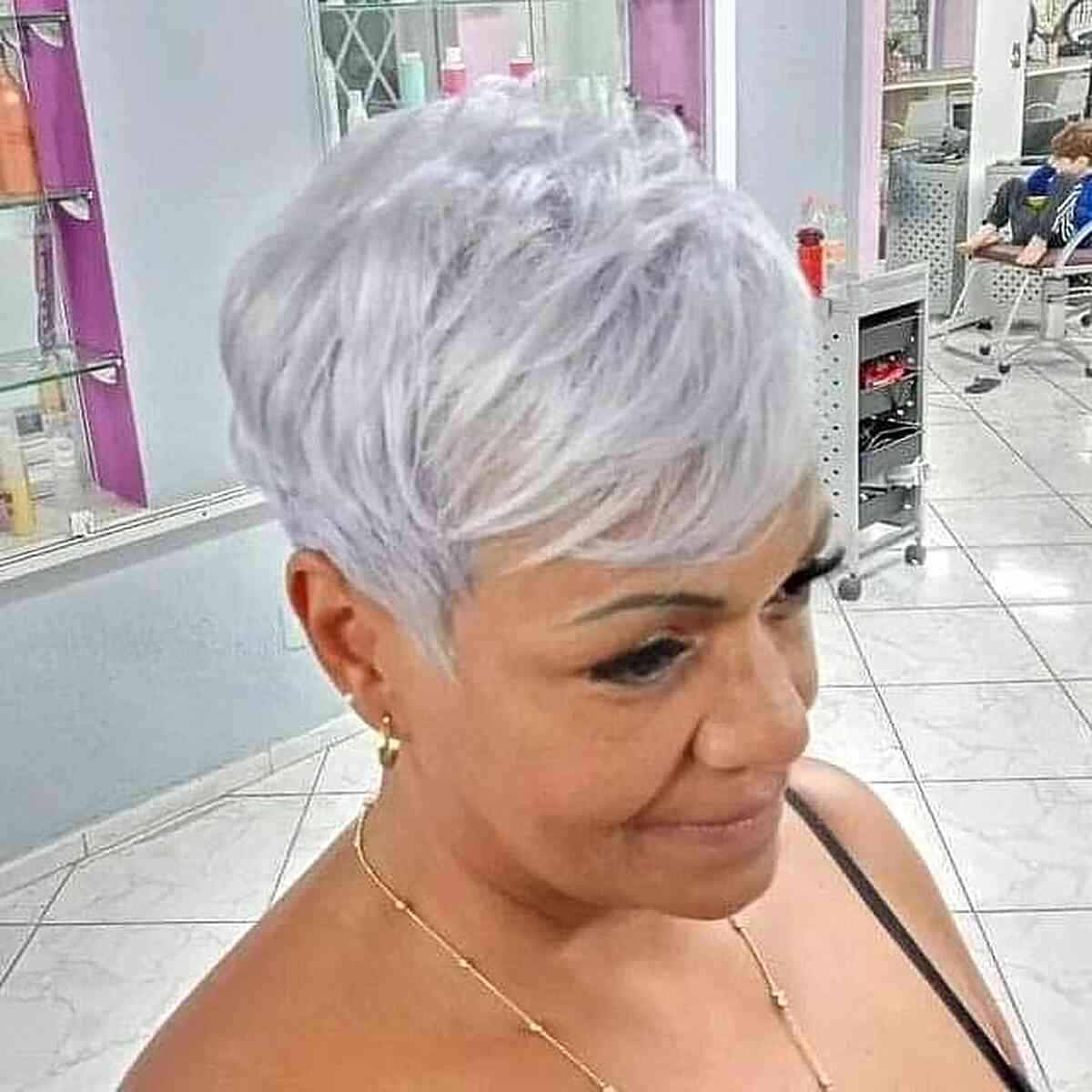 Layered Pixie with Light Silver Strands for Mature Women