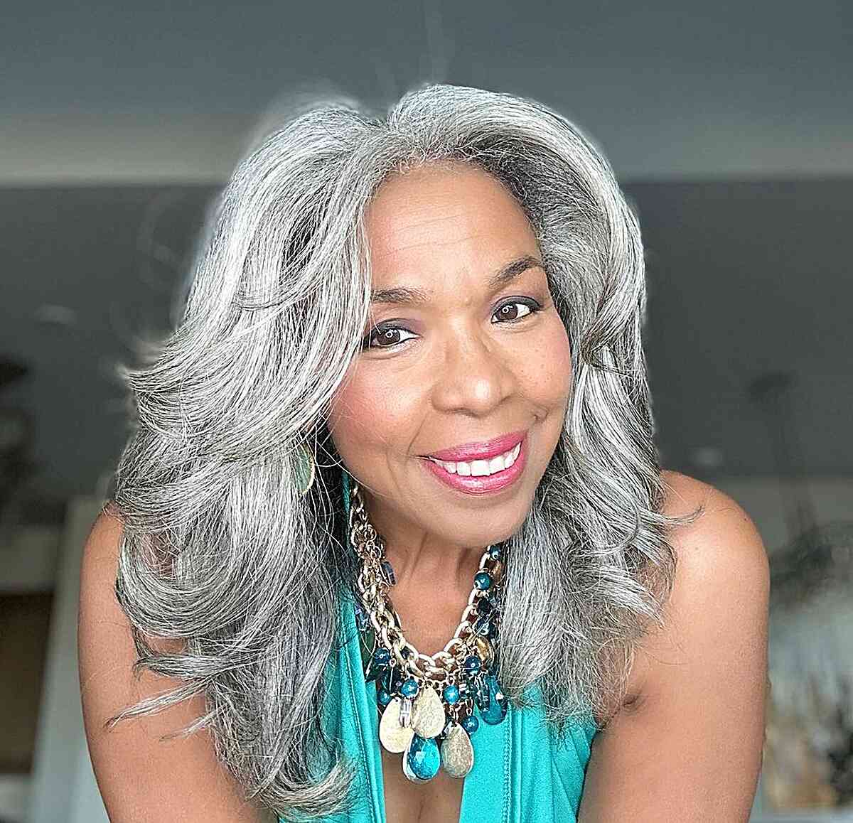 Medium-to-Long Layered Silvery White Hair with Grey Tips for Mature Women