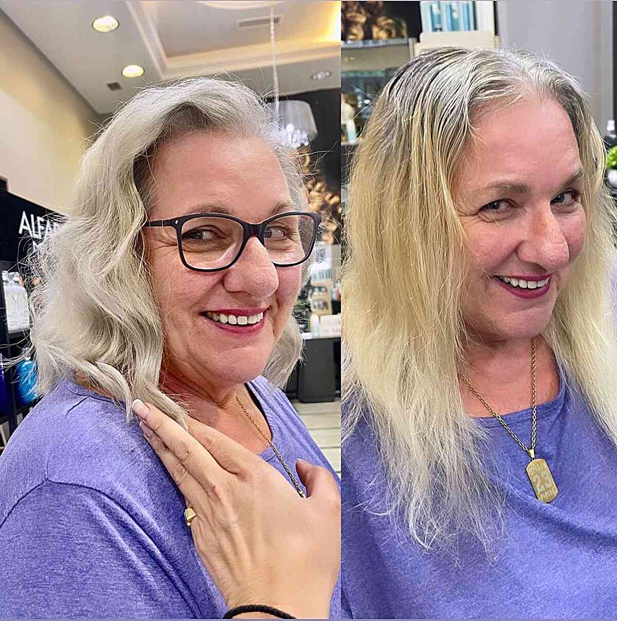 Light Blonde with Grey Tones on Medium Wavy Hair for Mature Women