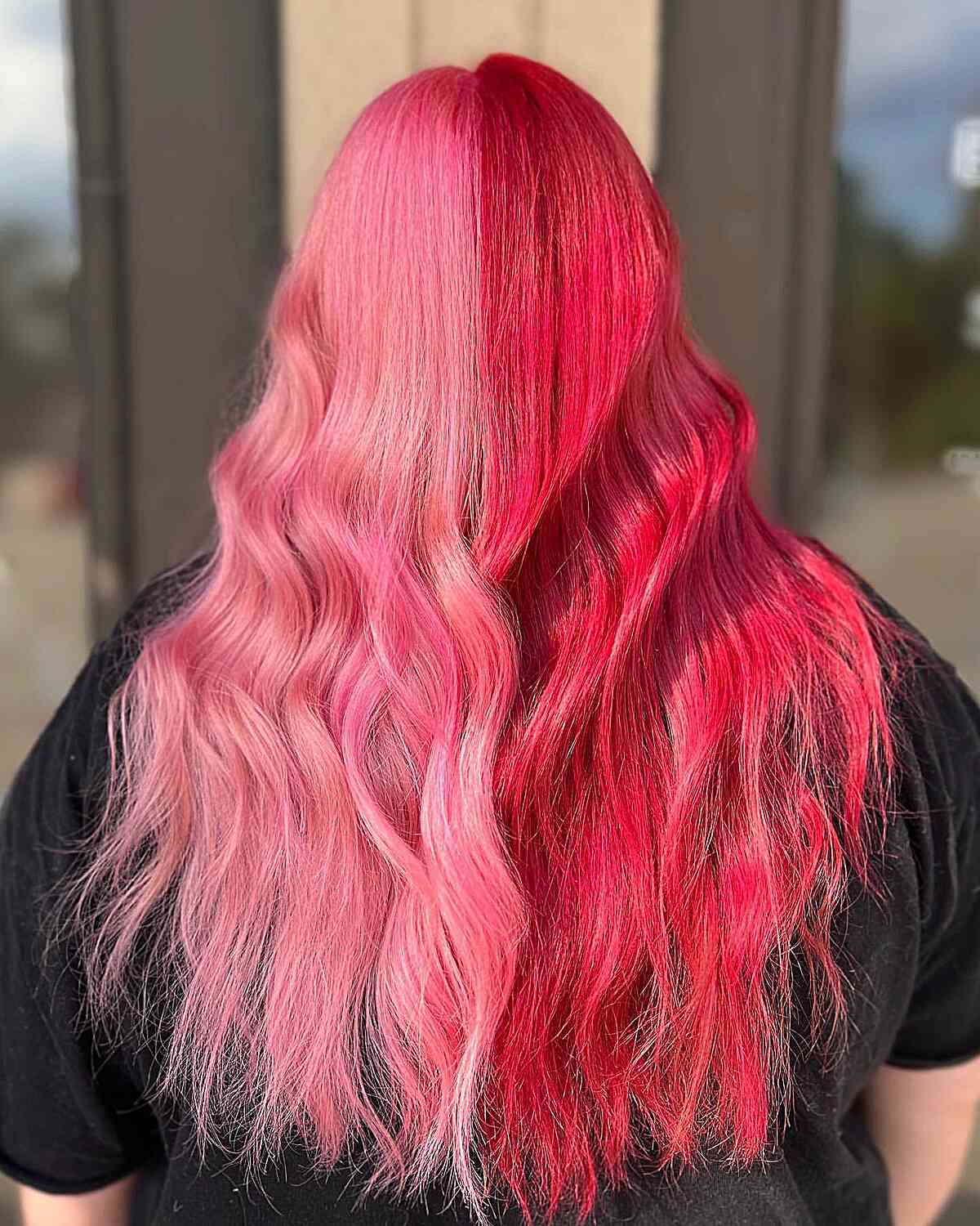 Light Pink and Bright Red Split Color for Very Long Hair