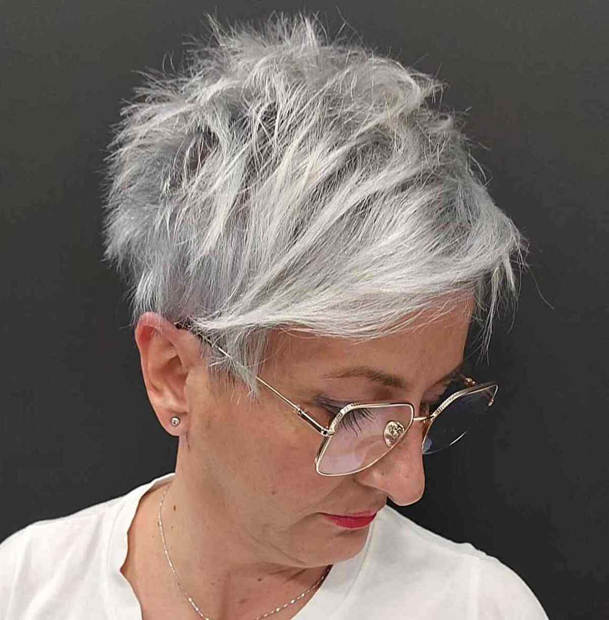 Light Silver on Tousled Pixie for Older Ladies with Grey Hair and Glasses